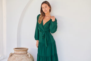 Keesha Emerald Cross Over Side Long Sleeve Tie Maxi Dress