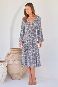 Keesha Floral White/Navy Cross Over Side Long Sleeve Tie Maxi Dress