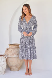 Keesha Floral White/Navy Cross Over Side Long Sleeve Tie Maxi Dress
