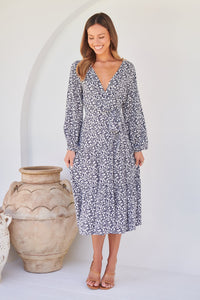 Keesha Floral White/Navy Cross Over Side Long Sleeve Tie Maxi Dress