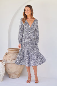 Keesha Floral White/Navy Cross Over Side Long Sleeve Tie Maxi Dress