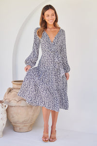 Keesha Floral White/Navy Cross Over Side Long Sleeve Tie Maxi Dress