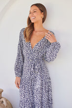 Load image into Gallery viewer, Keesha Floral White/Navy Cross Over Side Long Sleeve Tie Maxi Dress