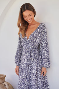 Keesha Floral White/Navy Cross Over Side Long Sleeve Tie Maxi Dress
