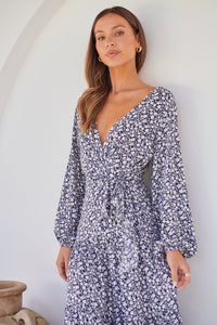 Keesha Floral White/Navy Cross Over Side Long Sleeve Tie Maxi Dress