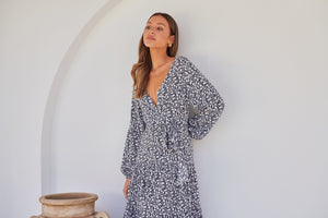 Keesha Floral White/Navy Cross Over Side Long Sleeve Tie Maxi Dress