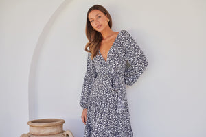 Keesha Floral White/Navy Cross Over Side Long Sleeve Tie Maxi Dress