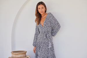 Keesha Floral White/Navy Cross Over Side Long Sleeve Tie Maxi Dress