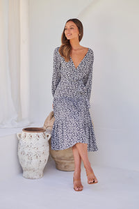 Keesha Floral White/Navy Cross Over Side Long Sleeve Tie Maxi Dress