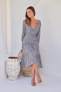 Keesha Floral White/Navy Cross Over Side Long Sleeve Tie Maxi Dress