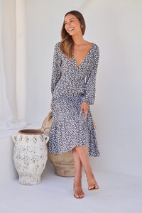 Keesha Floral White/Navy Cross Over Side Long Sleeve Tie Maxi Dress