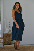 Load image into Gallery viewer, Orchid Linen Torn Trim Pocket Navy Midi Dress