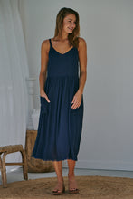 Load image into Gallery viewer, Orchid Linen Torn Trim Pocket Navy Midi Dress