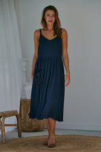 Load image into Gallery viewer, Orchid Linen Torn Trim Pocket Navy Midi Dress