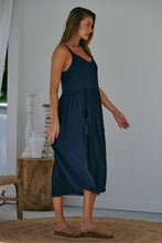 Load image into Gallery viewer, Orchid Linen Torn Trim Pocket Navy Midi Dress