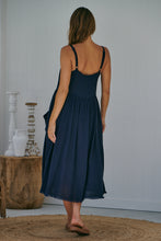 Load image into Gallery viewer, Orchid Linen Torn Trim Pocket Navy Midi Dress