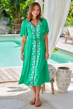 Load image into Gallery viewer, Keira Shamrock Green Tie Waist Embroided Maxi Dress