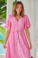 Load image into Gallery viewer, Keira Pink Tie Waist Embroided Maxi Dress
