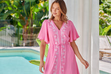 Load image into Gallery viewer, Keira Pink Tie Waist Embroided Maxi Dress