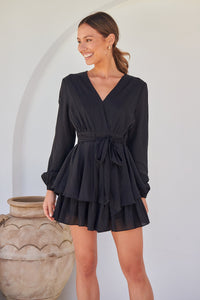 Minerva Layered Cross over Black Long Sleeve Playsuit