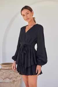 Minerva Layered Cross over Black Long Sleeve Playsuit