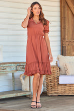 Load image into Gallery viewer, Arden Short Sleeve Rust Satin Midi Dress