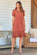 Load image into Gallery viewer, Arden Short Sleeve Rust Satin Midi Dress