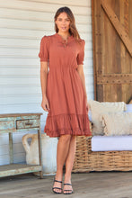 Load image into Gallery viewer, Arden Short Sleeve Rust Satin Midi Dress