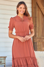 Load image into Gallery viewer, Arden Short Sleeve Rust Satin Midi Dress