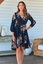 Load image into Gallery viewer, Hailey Cross Over Long Sleeve Black/Orange Print Dress
