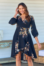 Load image into Gallery viewer, Hailey Cross Over Long Sleeve Black/Orange Print Dress