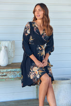 Load image into Gallery viewer, Hailey Cross Over Long Sleeve Black/Orange Print Dress