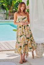 Load image into Gallery viewer, Faye Mustard/Pink/Green Leaf Print Open Back Tiered Dress