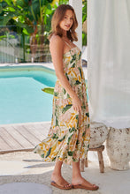 Load image into Gallery viewer, Faye Mustard/Pink/Green Leaf Print Open Back Tiered Dress