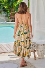 Load image into Gallery viewer, Faye Mustard/Pink/Green Leaf Print Open Back Tiered Dress