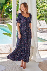 Aaliyah Navy Floral Puff Sleeve Maxi Dress