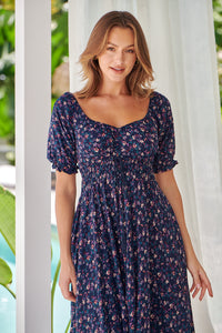 Aaliyah Navy Floral Puff Sleeve Maxi Dress