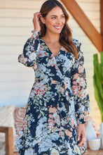 Load image into Gallery viewer, Viviano Long Sleeve Black Floral Chiffon Evening Dress