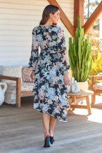 Load image into Gallery viewer, Viviano Long Sleeve Black Floral Chiffon Evening Dress