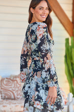 Load image into Gallery viewer, Viviano Long Sleeve Black Floral Chiffon Evening Dress