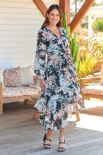 Load image into Gallery viewer, Viviano Long Sleeve Black Floral Chiffon Evening Dress