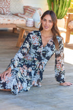 Load image into Gallery viewer, Viviano Long Sleeve Black Floral Chiffon Evening Dress