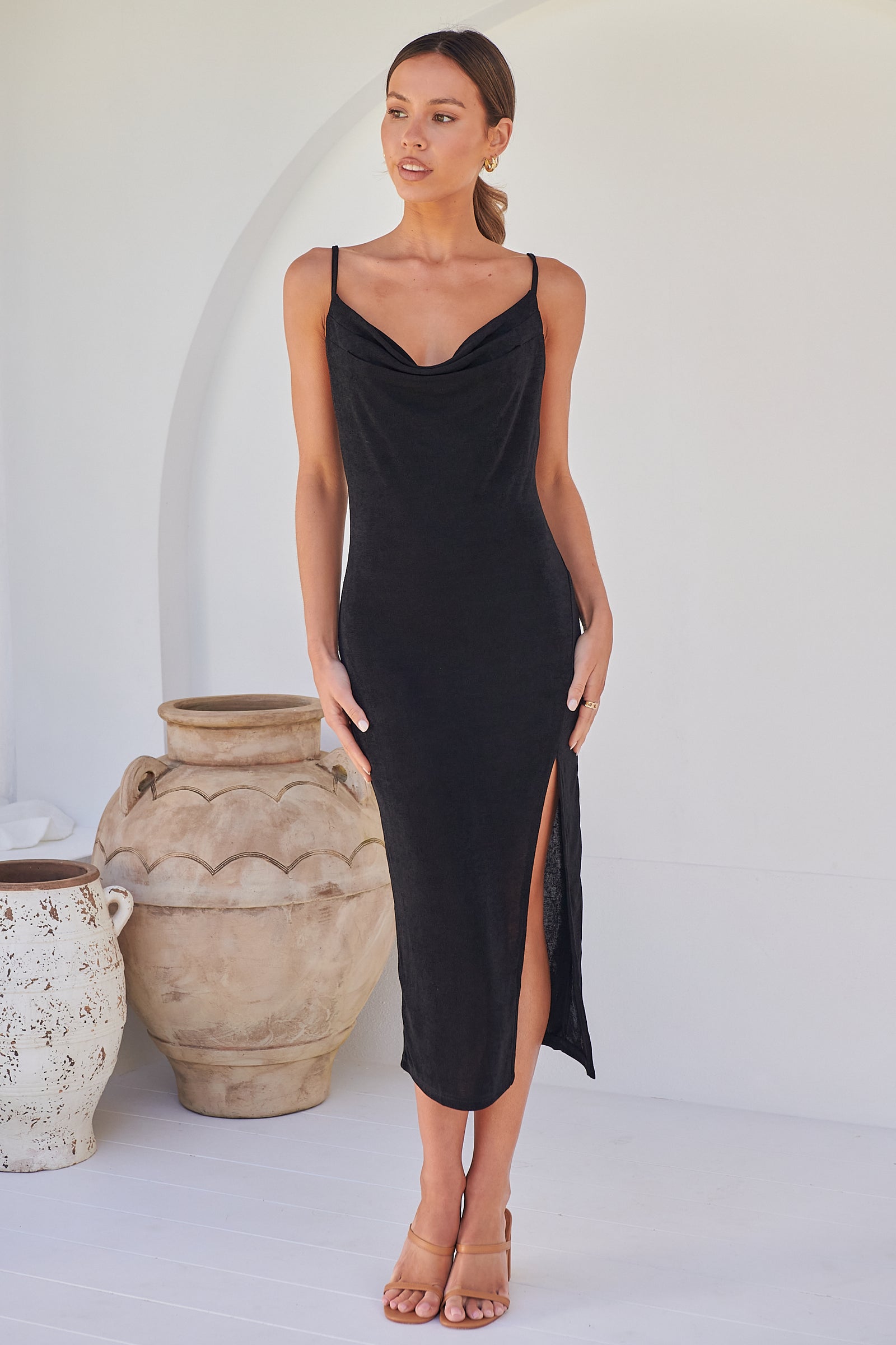 Slinky Black Cowl Neck Evening Dress