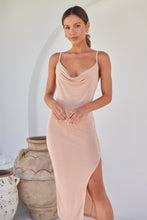 Load image into Gallery viewer, Slinky Nude Champagne Cowl Neck Evening Dress