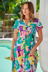 Rai Collared Green/Lime/Pink Printed Button Front Dress