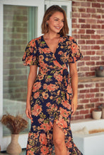 Load image into Gallery viewer, Kara Floral Navy Orange Chiffon X/Over Maxi Dress