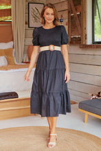 Load image into Gallery viewer, Edna Black Shirred Bust Tiered Maxi Dress