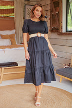 Load image into Gallery viewer, Edna Black Shirred Bust Tiered Maxi Dress