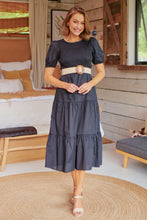 Load image into Gallery viewer, Edna Black Shirred Bust Tiered Maxi Dress
