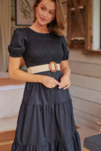 Load image into Gallery viewer, Edna Black Shirred Bust Tiered Maxi Dress